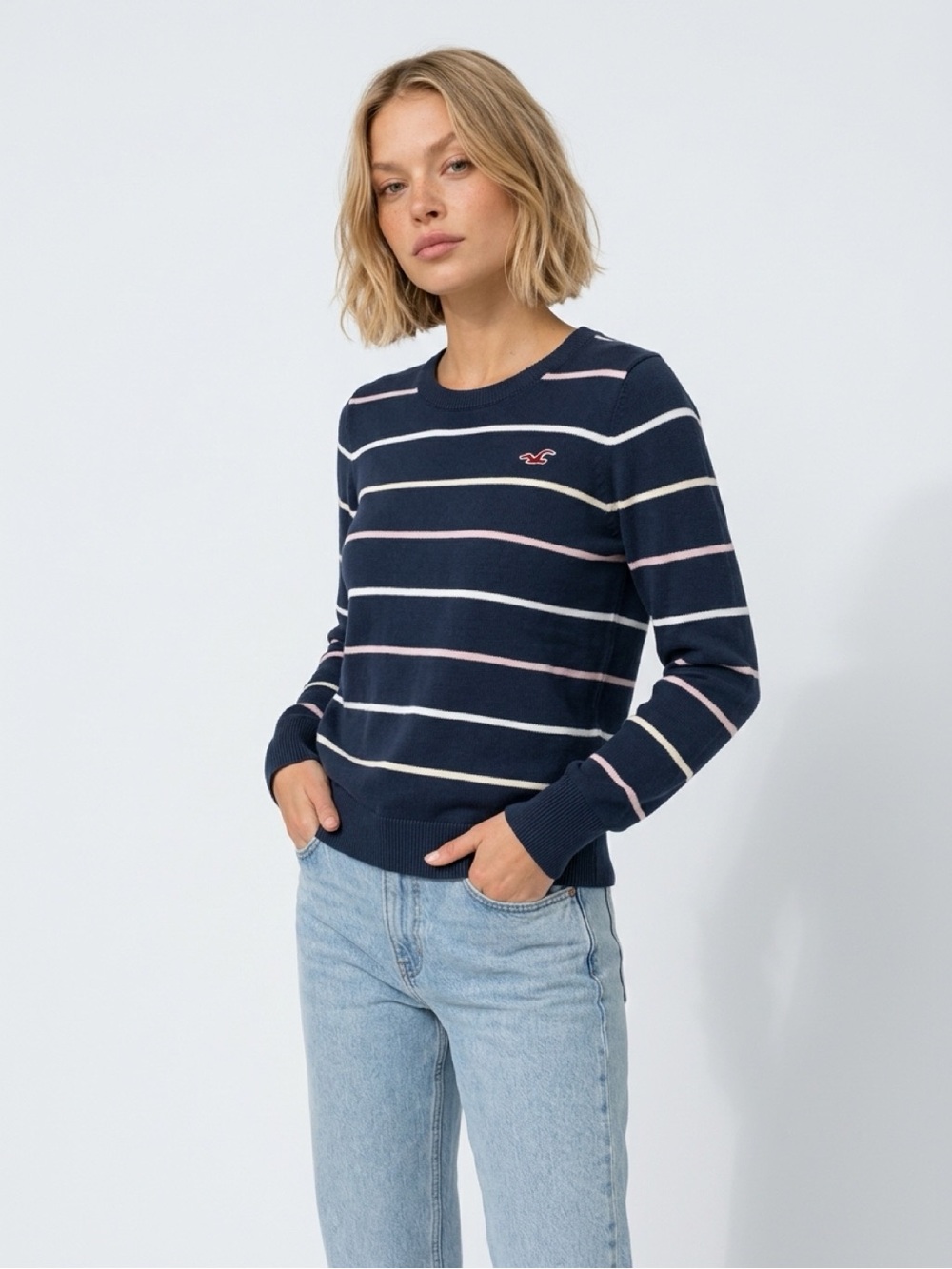 Hollister Navy Crewneck Sweater with White and Light Pink Stripes
